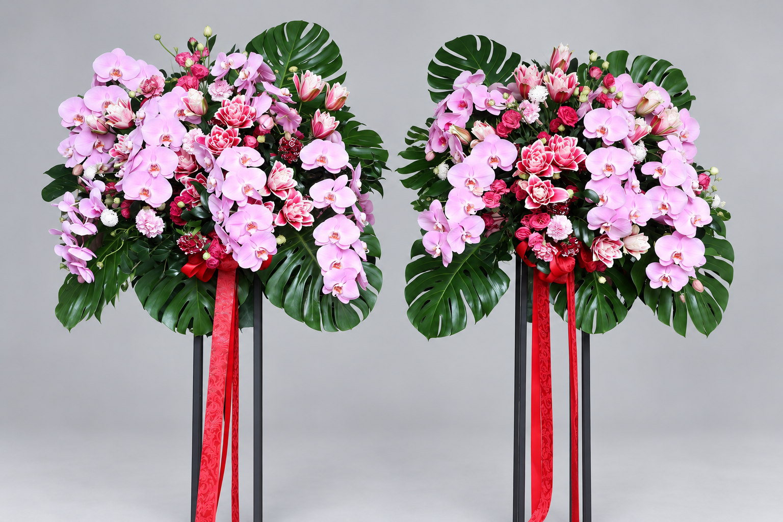 粉色蘭花與百合雙籃