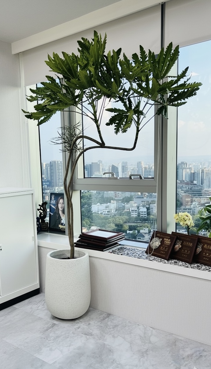 窗景旁的大型樹形植栽與白色盆器
