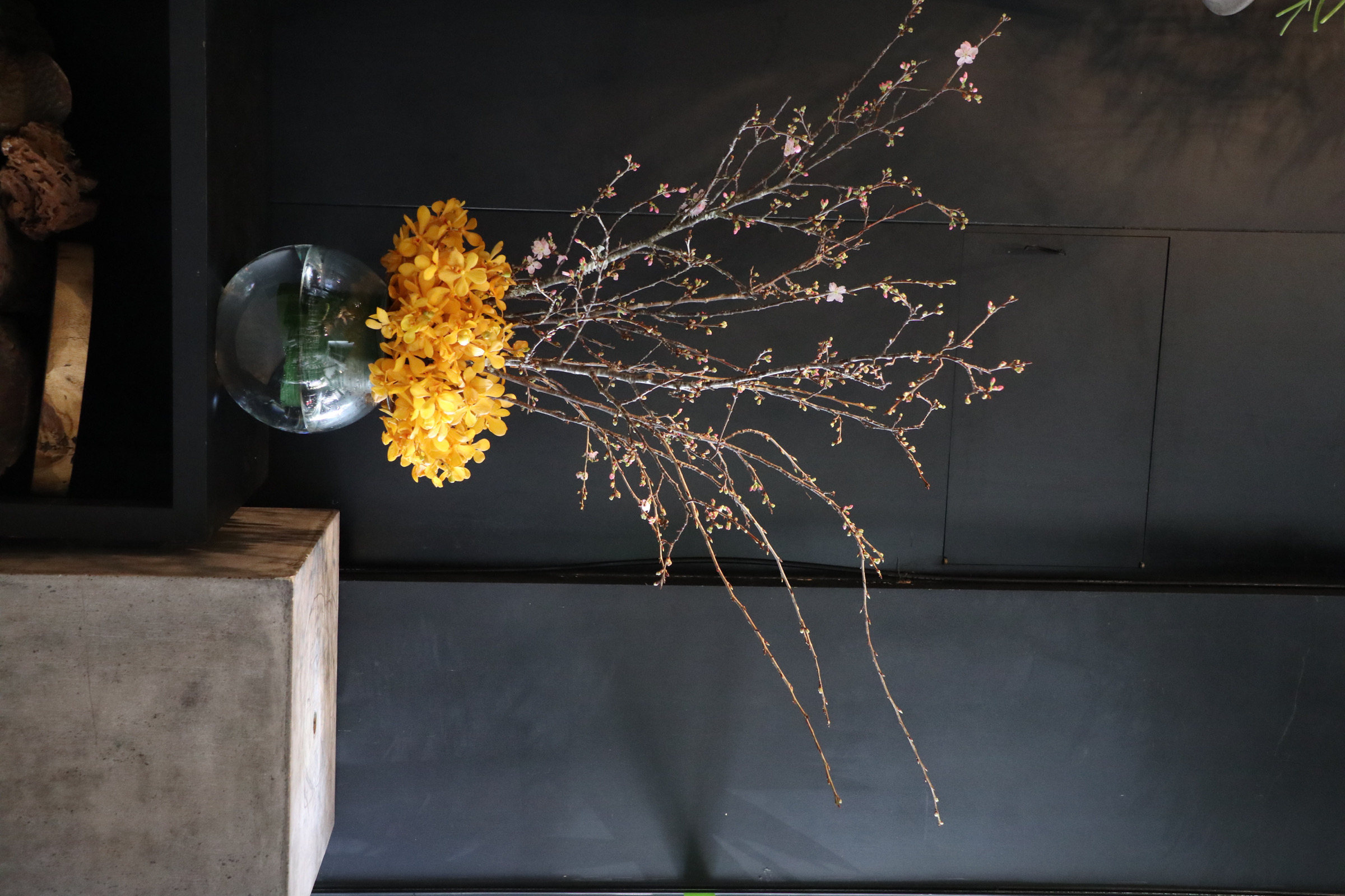 深色牆面前，玻璃花器中的黃色花藝與舒展枝條